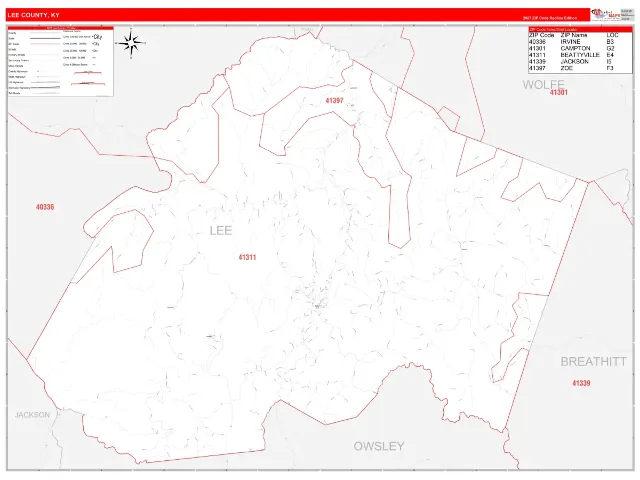 Lee County, KY ZIP Code Wall Map, RedLine style