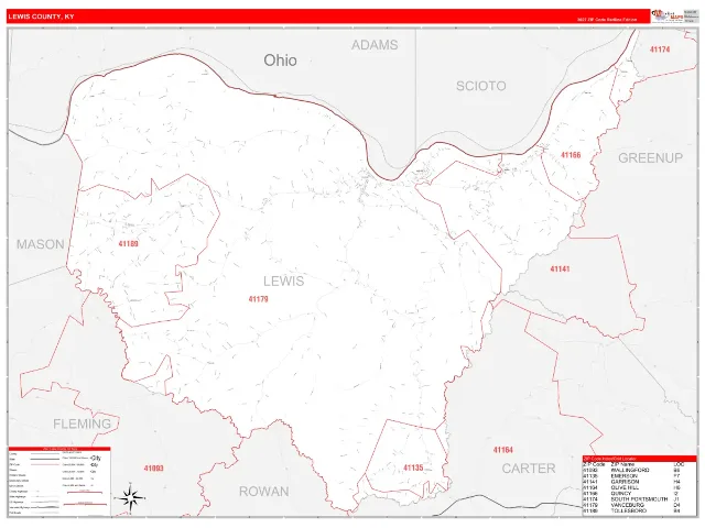 Lewis County, KY ZIP Code Wall Map, RedLine style