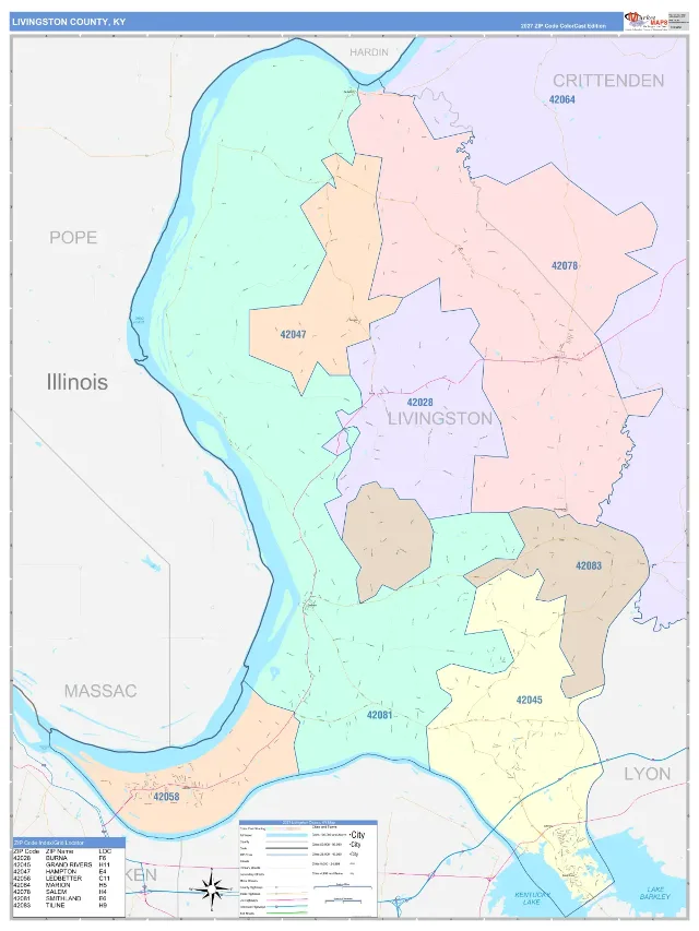 Livingston County, KY ZIP Code Wall Map, ColorCast style