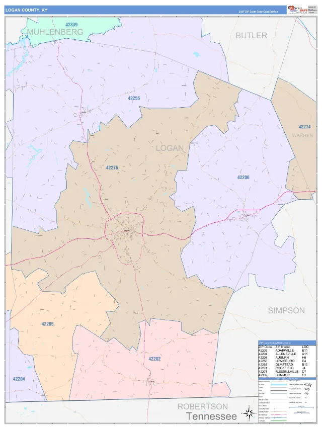 Logan County, KY ZIP Code Wall Map, ColorCast style