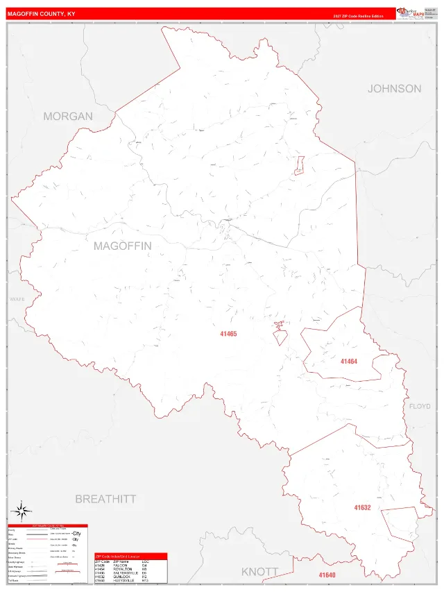 Magoffin County, KY ZIP Code Wall Map, RedLine style
