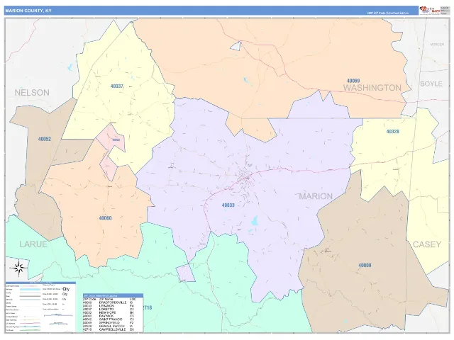 Marion County, KY ZIP Code Wall Map, ColorCast style