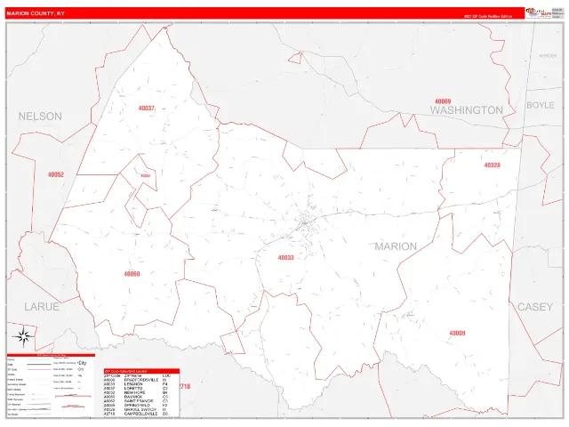 Marion County, KY ZIP Code Wall Map, RedLine style
