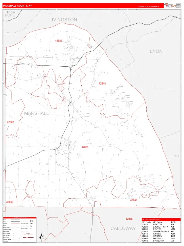 Marshall County, KY ZIP Code Wall Map, RedLine style