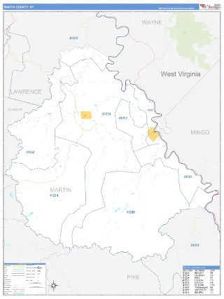 Martin County, KY Business Reference style ZIP Code wall map