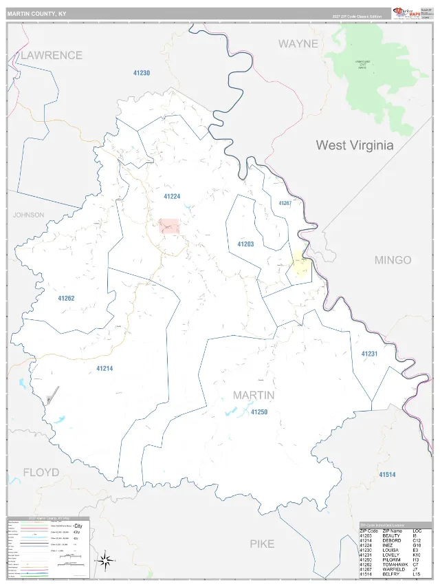 Martin County, KY ZIP Code Wall Map, Classic style