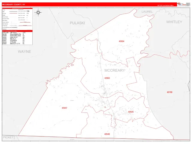 McCreary County, KY ZIP Code Wall Map, RedLine style