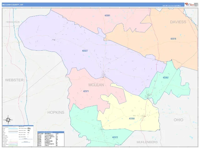McLean County, KY ZIP Code Wall Map, ColorCast style
