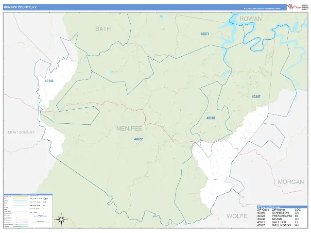 Menifee County, KY ZIP Code Wall Map, Business Reference style