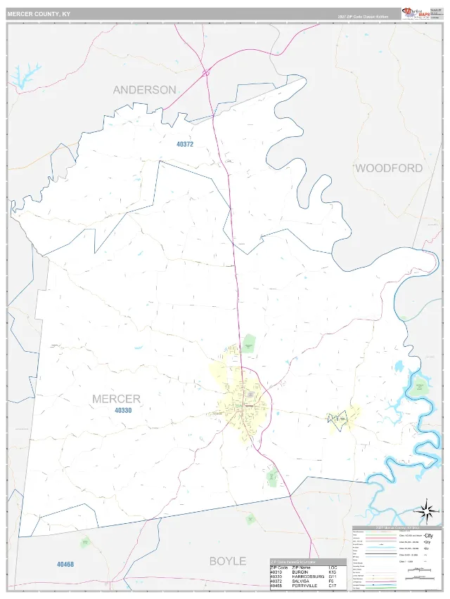Mercer County, KY ZIP Code Wall Map, Classic style