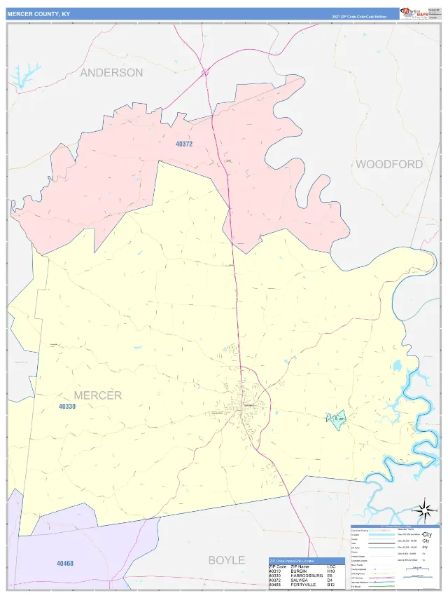Mercer County, KY ZIP Code Wall Map, ColorCast style