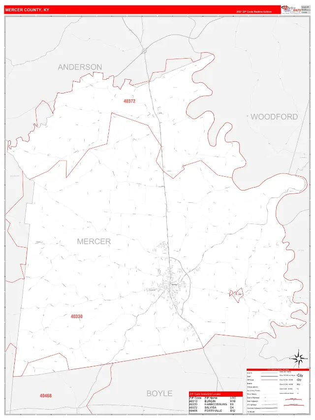 Mercer County, KY ZIP Code Wall Map, RedLine style
