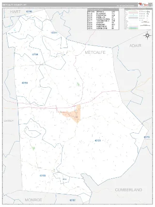 Metcalfe County, KY Classic style ZIP Code wall map