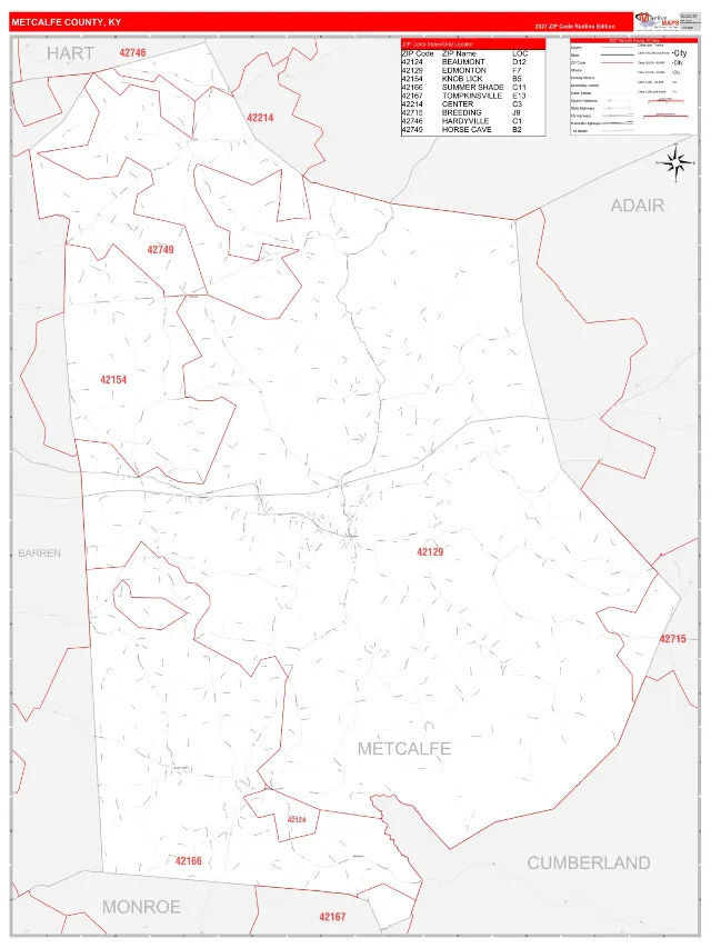Metcalfe County, KY ZIP Code Wall Map, RedLine style
