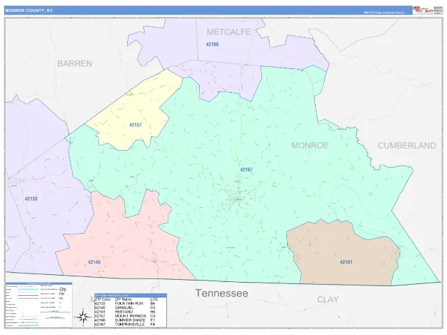 Monroe County, KY ZIP Code Wall Map, ColorCast style