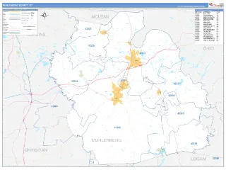 Muhlenberg County, KY Business Reference style ZIP Code wall map