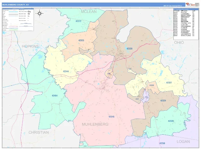 Muhlenberg County, KY ZIP Code Wall Map, ColorCast style