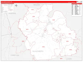 Muhlenberg County, KY RedLine style ZIP Code wall map