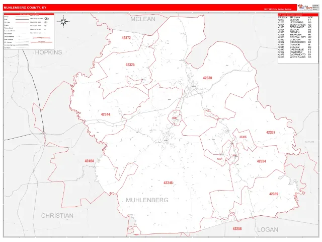 Muhlenberg County, KY ZIP Code Wall Map, RedLine style