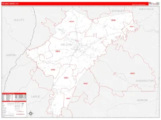 Nelson County, KY RedLine style ZIP Code wall map