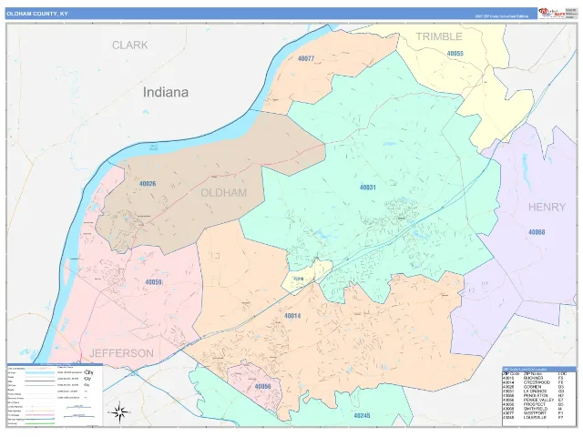 Oldham County, KY ZIP Code Wall Map, ColorCast style