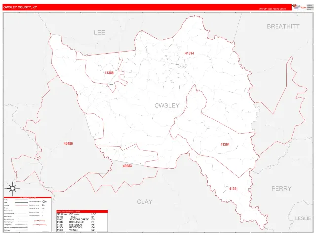 Owsley County, KY ZIP Code Wall Map, RedLine style