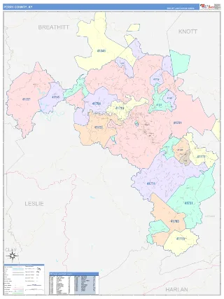 Perry County, KY ColorCast style ZIP Code wall map