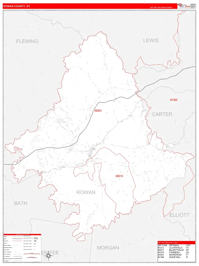 Rowan County, KY ZIP Code Wall Map, RedLine style