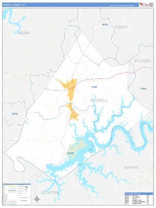 Russell County, KY Business Reference style ZIP Code wall map