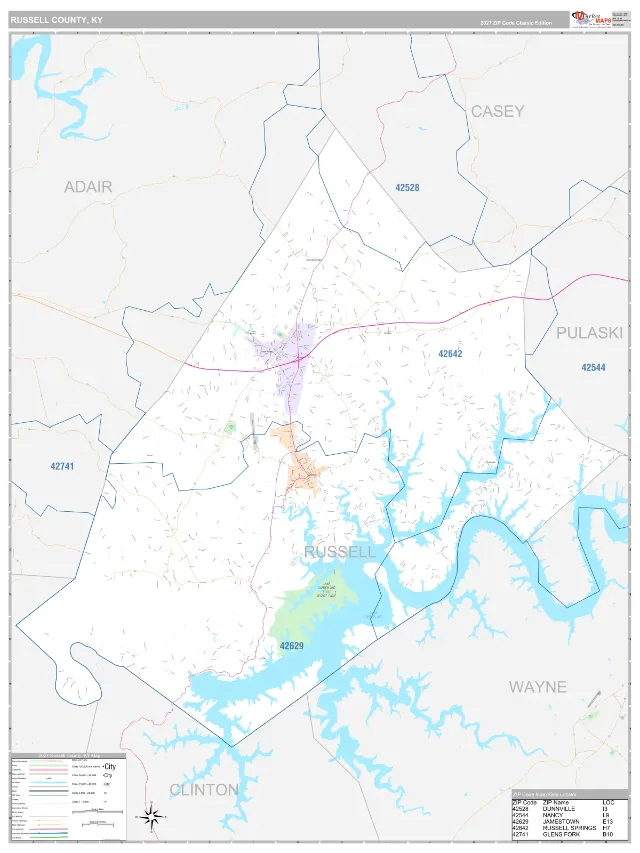 Russell County, KY ZIP Code Wall Map, Classic style