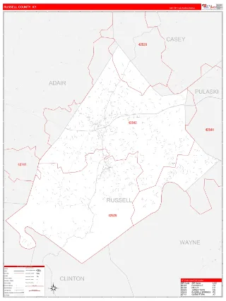 Russell County, KY RedLine style ZIP Code wall map
