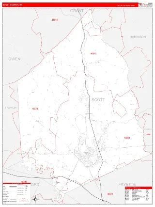 Scott County, KY RedLine style ZIP Code wall map