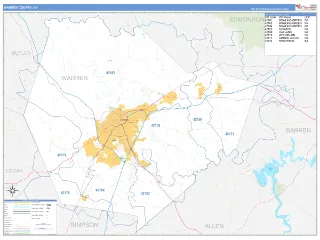 Warren County, KY Business Reference style ZIP Code wall map