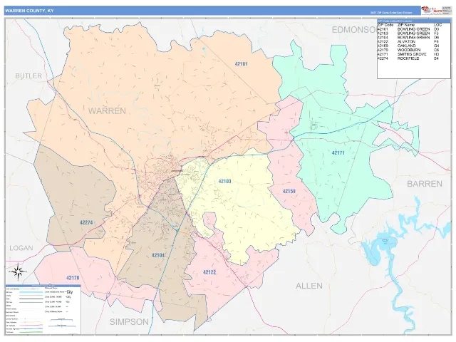 Warren County, KY ZIP Code Wall Map, ColorCast style
