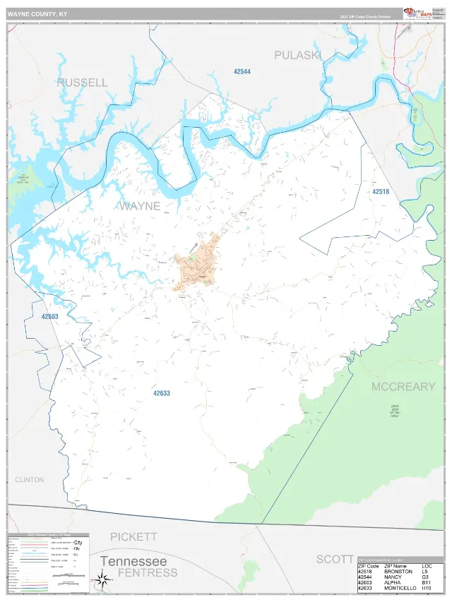 Wayne County, KY ZIP Code Wall Map, Classic style