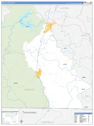 Whitley County, KY Business Reference style ZIP Code wall map
