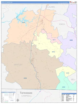 Whitley County, KY ColorCast style ZIP Code wall map