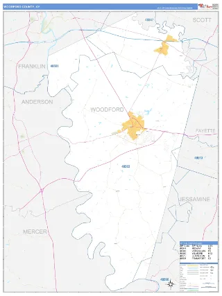 Woodford County, KY Business Reference style ZIP Code wall map