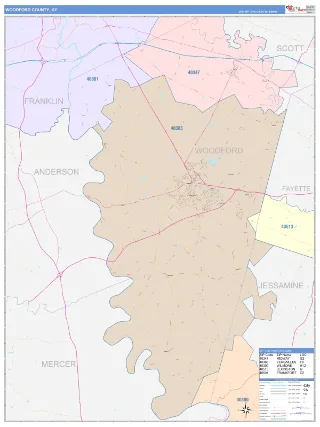 Woodford County, KY ColorCast style ZIP Code wall map