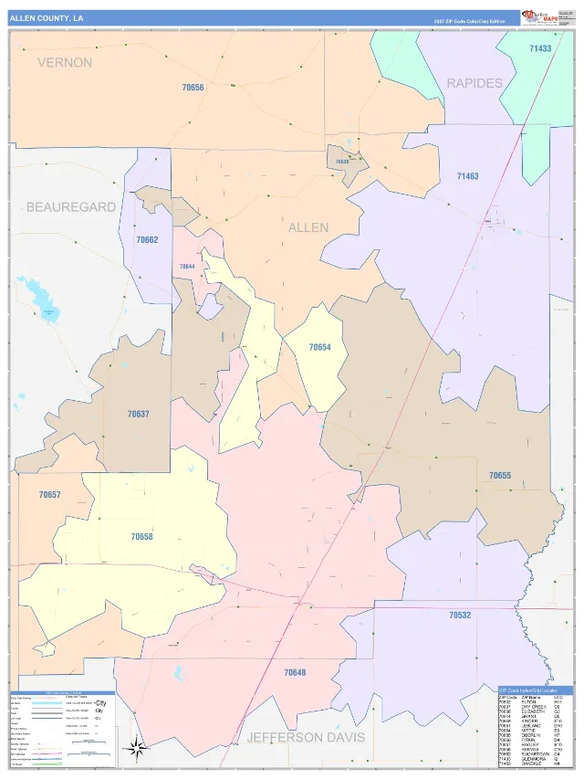 Allen County, LA ZIP Code Wall Map, ColorCast style