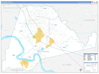 Ascension County, LA Business Reference style ZIP Code wall map