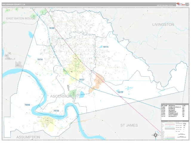 Ascension County, LA ZIP Code Wall Map, Classic style
