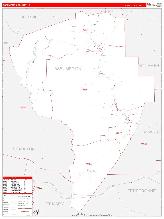 Assumption County, LA ZIP Code Wall Map, RedLine style