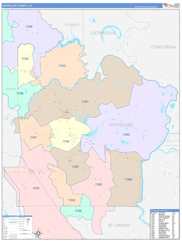 Avoyelles County, LA ZIP Code Wall Map, ColorCast style