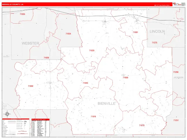 Bienville County, LA ZIP Code Wall Map, RedLine style