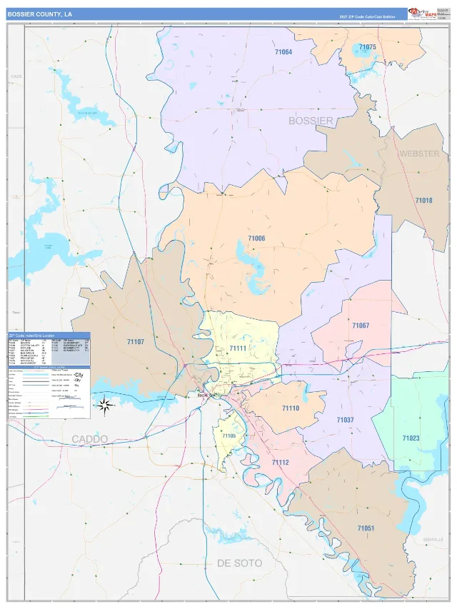 Bossier County, LA ZIP Code Wall Map, ColorCast style