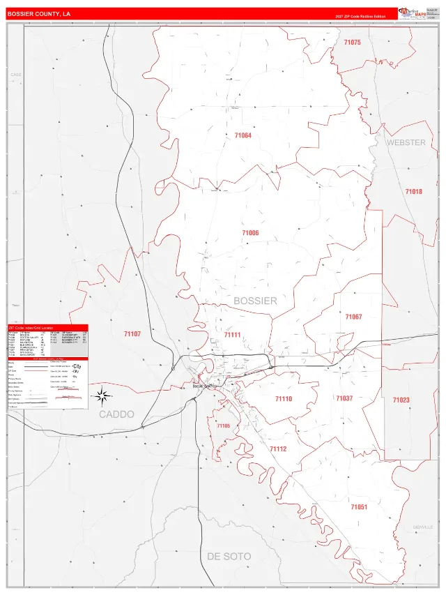 Bossier County, LA ZIP Code Wall Map, RedLine style