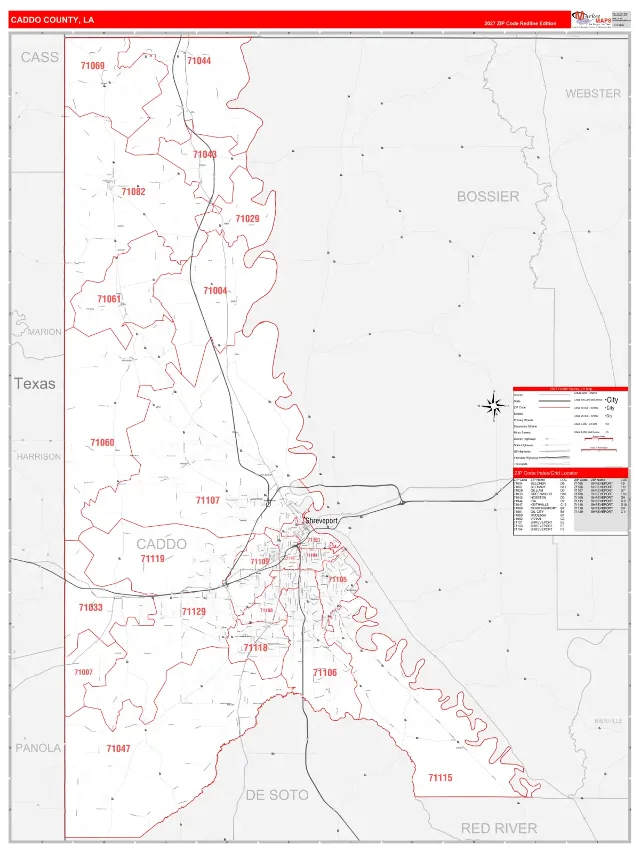 Caddo County, LA ZIP Code Wall Map, RedLine style