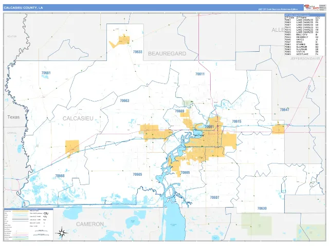 Calcasieu County, LA ZIP Code Wall Map, Business Reference style