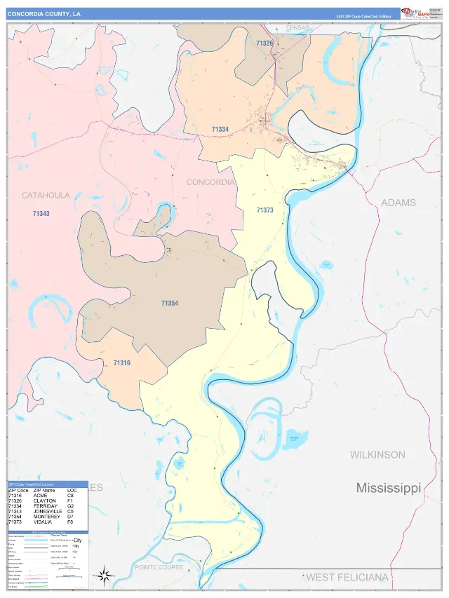 Concordia County, LA ZIP Code Wall Map, ColorCast style